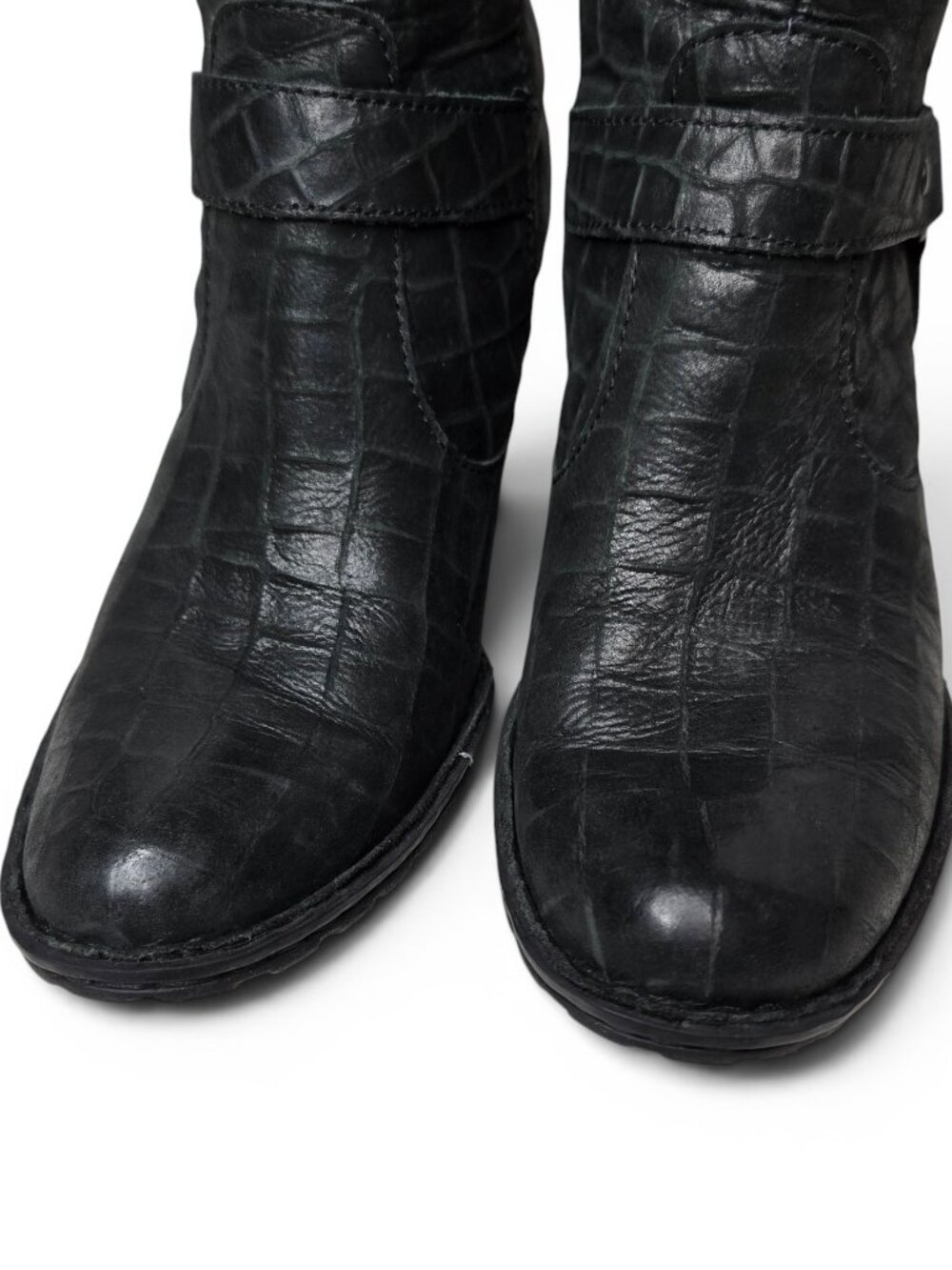 Born Distressed Croc Embossed Leather Harness Boots Womens Moto Block Heel 7 - Picture 7 of 14